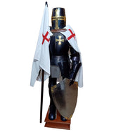 Crusader Templar knight full suit of armor on wooden display stand